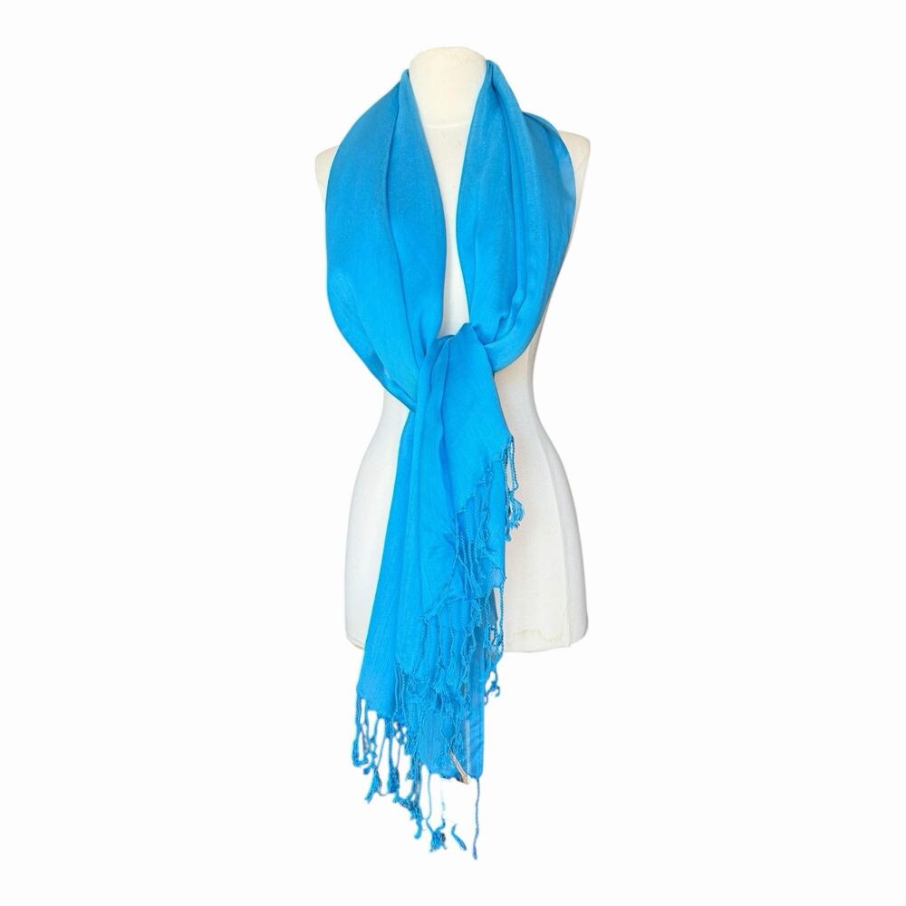 Handmade Turquoise Blue Sheer Fringe Scarf Lightweight Shawl Wrap Boho Style